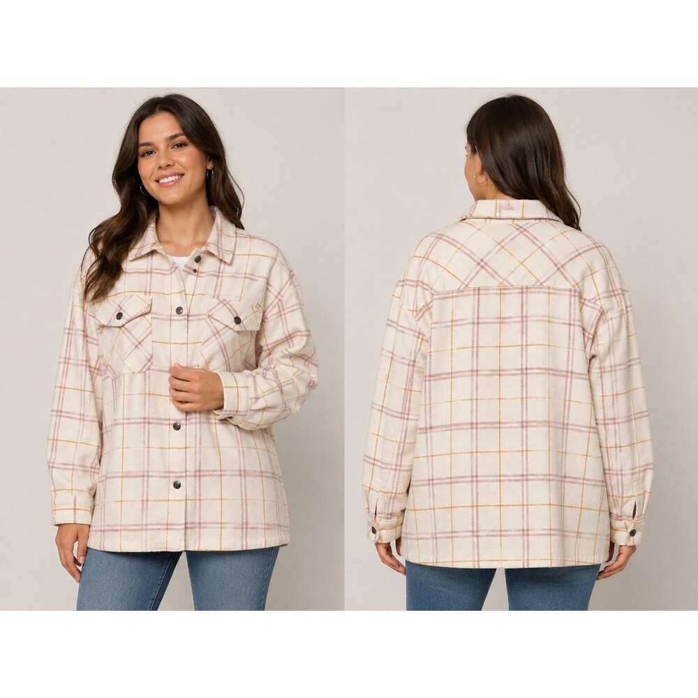 Shacket Shirt Jacket Womens Lg Cream Pink Plaid Cozy Snap Front Relaxed Fit HFX